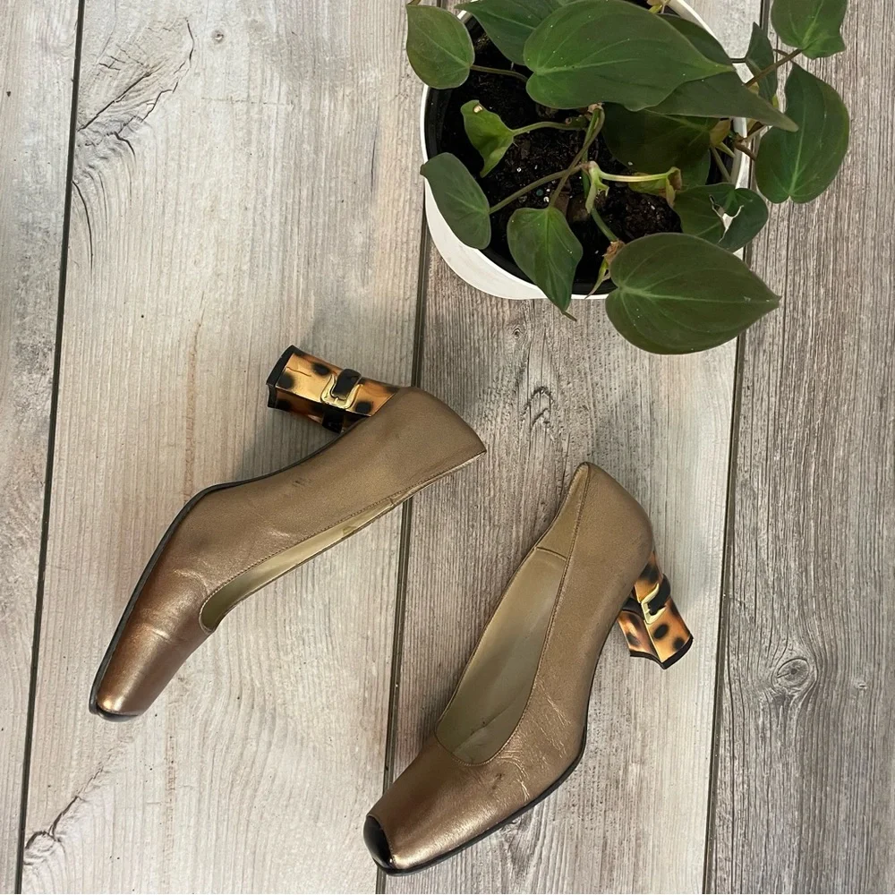 Vintage‎ Leather Heels Women’s 7.5 Square Toe Leopard Print Block